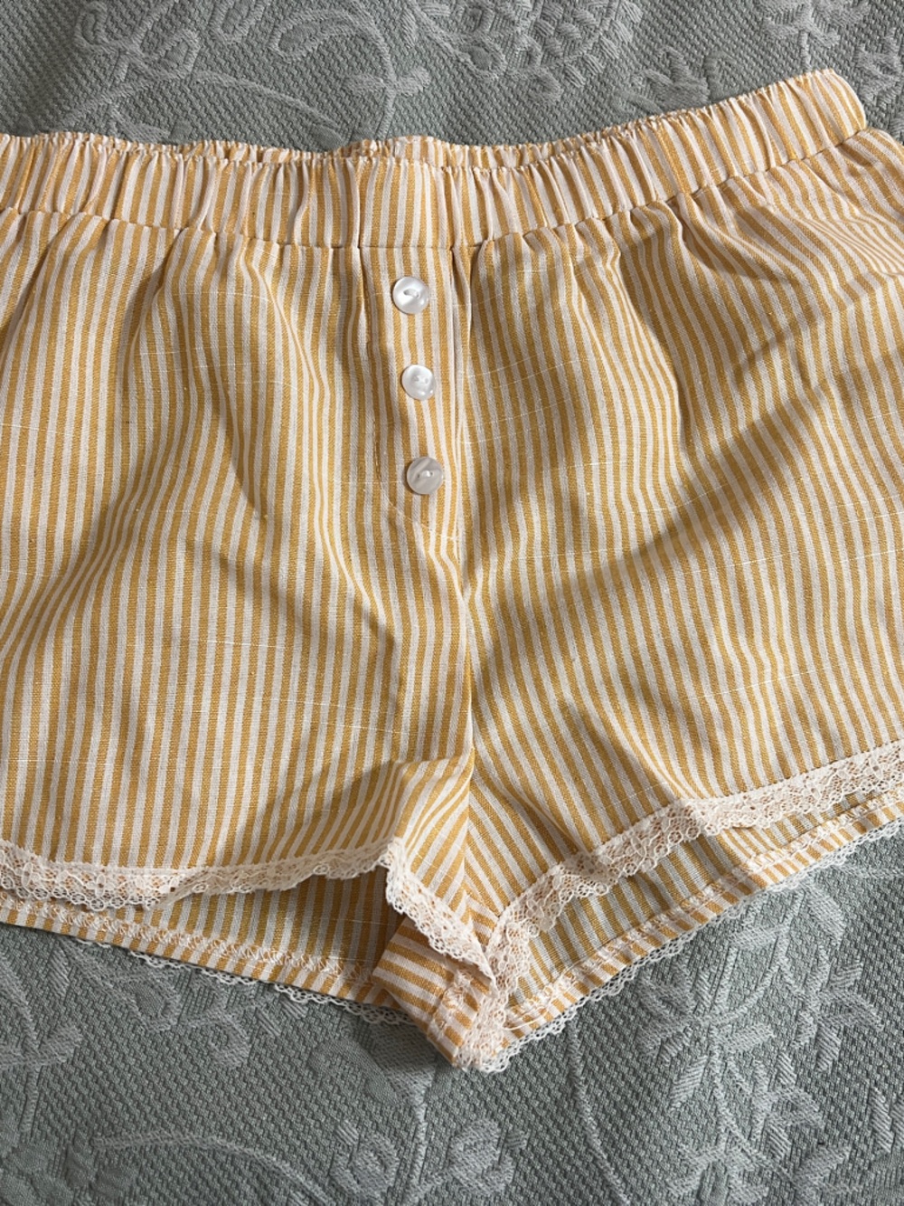 SHEIN Yellow and White Striped High-Waist Lace-Sleep Shorts